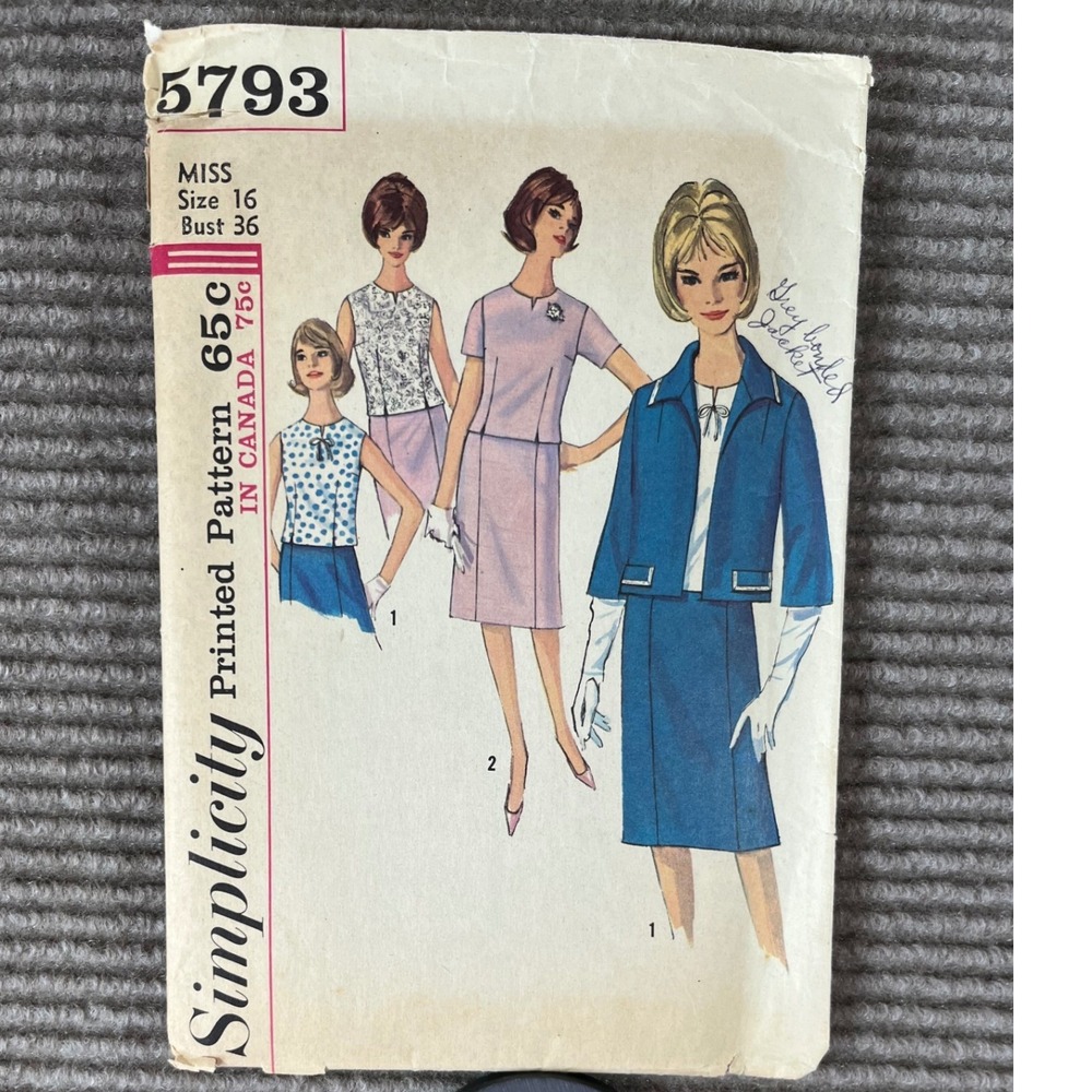 Vintage 1964 Simplicity 5793 Misses Suit Skirt Jacket Blouse Pattern Size 16 B36